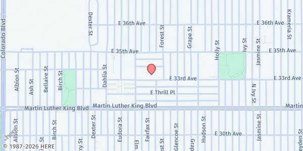 Map showing Zion Senior Center - Volunteers of America at 5151 E. 33rd Ave., Denver, CO