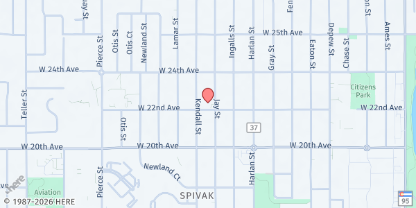 Map showing Fellowship Bible Church at 2201 Jay St., Edgewater, CO