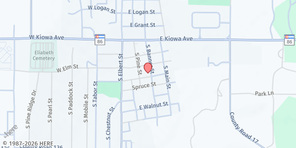 Map showing Elizabeth Presbyterian Church at 381 S Banner St, Elizabeth, CO