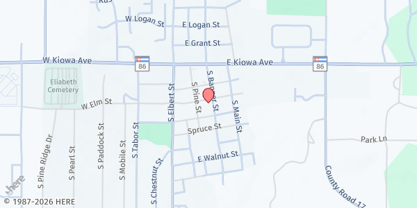 Map showing Elizabeth Presbyterian Church at 351 S Banner St, Elizabeth, CO