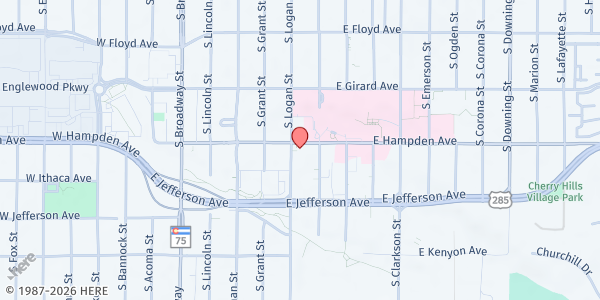 Map showing First Presbyterian Church of Englewood at 3500 S. Logan St., Englewood, CO