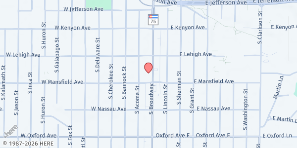 Map showing The Well At Wellspring - Food Distribution Center at 3885 S Broadway, Englewood, CO