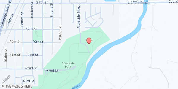 Map showing Riverside Park - Mobile Pantry at 4000 Riverside Pkwy., Evans, CO