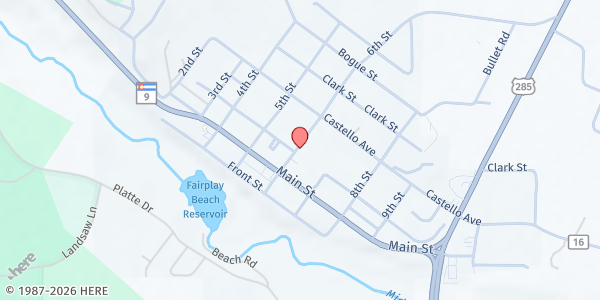 Map showing South Park Community Church at 600 Hathaway St, Fairplay, CO