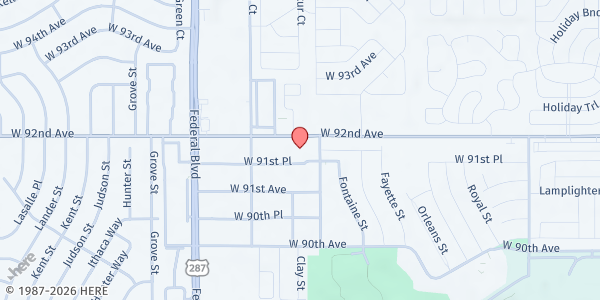Map showing Federal Heights Community Center at Thrive Church at 2820 W. 92nd Ave., Federal Heights, CO