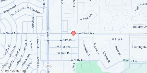Map showing Thrive Church at 2820 W 92nd Ave, Federal Heights, CO