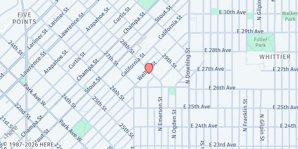 Map showing Denver Food Rescue- Heart & Hand Center at 2758 Welton Street, Five Points, CO