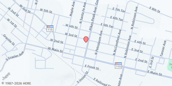 Map showing Praise Community Church at 215 N. Pikes Peak Avenue, Florence, CO