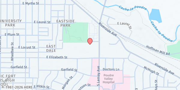 Map showing Family Medicine Center Food Pantry at 1025 Pennock Pl., Fort Collins, CO