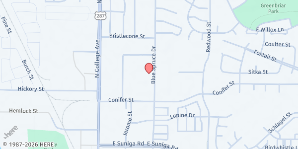 Map showing Food Bank For Larimer County at 1301 Blue Spruce Dr, Fort Collins, CO