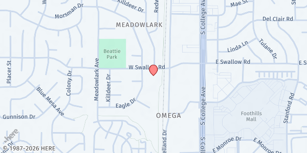 Map showing Foothills Assemblies of God at 305 W. Swallow Rd., Fort Collins, CO