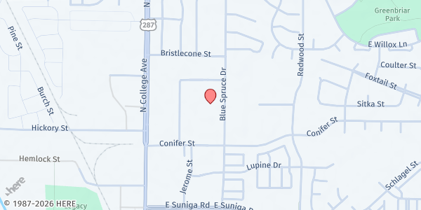 Map showing Fort Collins Food Share No-Cost Market at 1301 Blue Spruce Drive, Fort Collins, CO