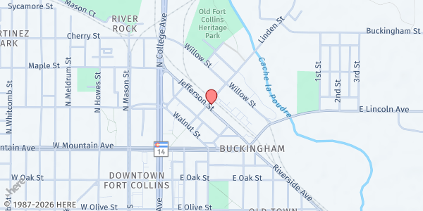 Map showing Fort Collins Rescue Mission at 316 Jefferson St., Fort Collins, CO