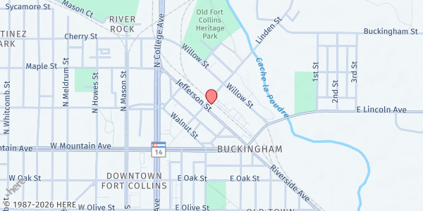 Map showing Fort Collins Rescue Mission at 316 Jefferson St, Fort Collins, CO