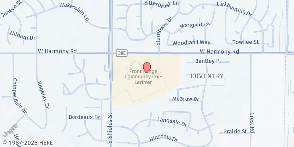 Map showing FRCC Food for Thought at 4616 S. Shields St., Fort Collins, CO