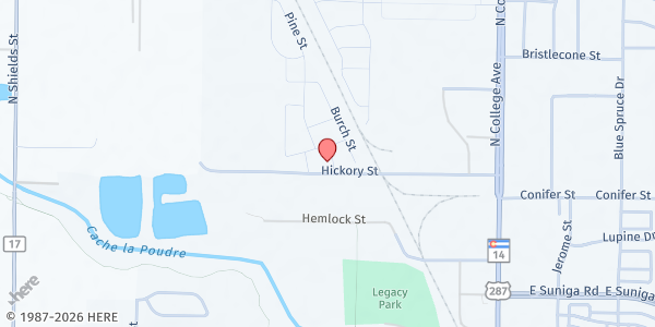 Map showing Hickory Village at 400 Hickory St, Fort Collins, CO