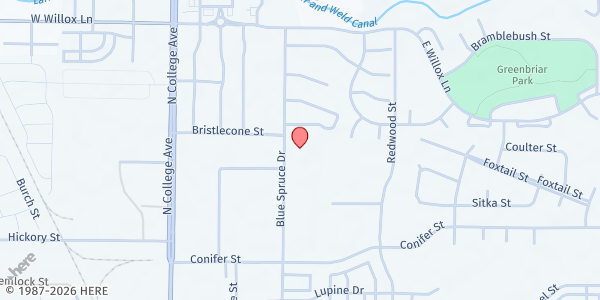 Map showing Homeward Alliance Family Resource Center at 1414 Blue Spruce Drive STE F, Fort Collins, CO