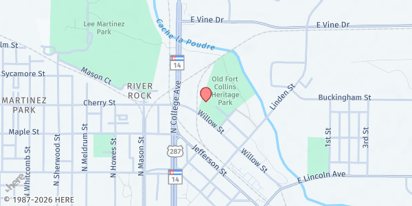 Map showing Northside Aztlan Community Center at 112 E Willow St, Fort Collins, CO