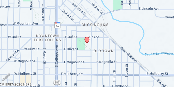 Map showing Old Town Library at 201 Peterson St, Fort Collins, CO