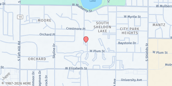 Map showing University Village at 1500 W Plum St, Fort Collins, CO