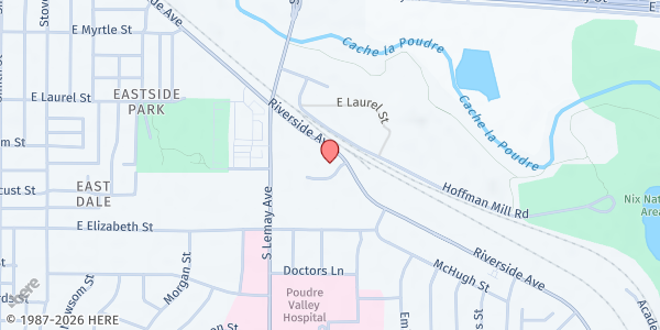 Map showing Vineyard Church of the Rockies at 1201 Riverside Ave., Fort Collins, CO