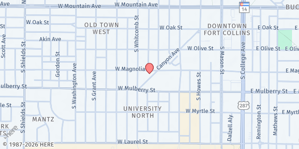 Map showing Volunteers of America-Oakbrook 2 Apt at 405 Canyon Ave., Fort Collins, CO
