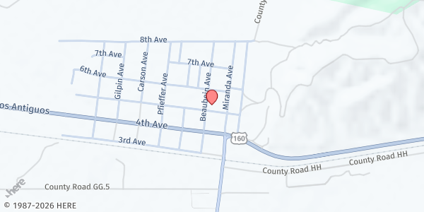 Map showing Holy Family Catholic Church at 626 Beaubien Ave., Fort Garland, CO