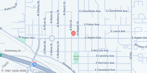 Map showing Fruita United Methodist Church at 405 E Aspen Ave, Fruita, CO