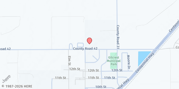 Map showing Gilcrest Mobile Food Pantry at 14827 Co Rd 42, Gilcrest, CO