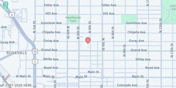 Map showing Mesa County Libraries Central Branch at 443 N 6th St, Grand Junction, CO