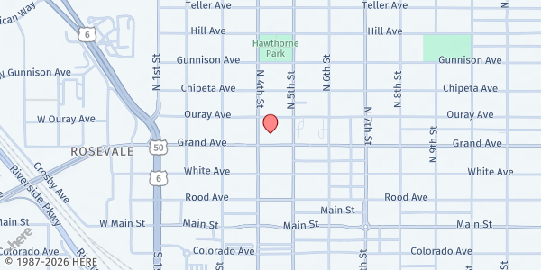 Map showing Mutual Aid Partners - Downtown Vineyard Church at 402 Grand Ave, Grand Junction, CO