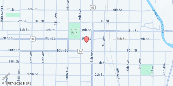 Map showing United Way of Weld County - Main Office at 814 9th St, Greeley, CO