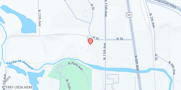 Map showing Weld Food Bank Warehouse at 1108 H Street, Greeley, CO