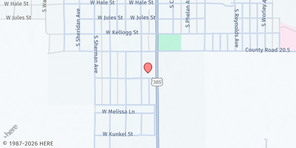 Map showing Holyoke Church of Christ at 105 W Scheunemann Ave, Holyoke, CO