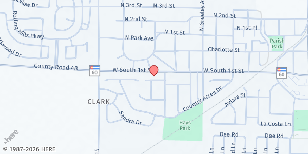 Map showing Abundant Life Tabernacle at 1121 Cottonwood Dr, Johnstown, CO