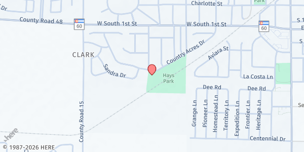 Map showing St. John Catholic Church at 1000 Country Acres Dr, Johnstown, CO