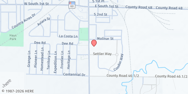 Map showing YMCA at 165 Settler Way, Johnstown, CO