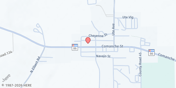 Map showing Elbert County Social Services - Kiowa at 215 Comanche St, Kiowa, CO