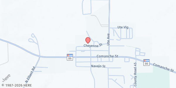Map showing Kiowa Creek Community Church at 231 Cheyenne St, Kiowa, CO