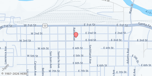 Map showing Otero County Department of Human Services - La Junta at 215 Raton Ave, La Junta, CO