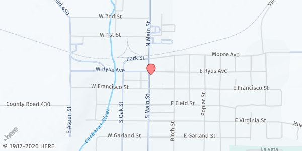 Map showing La Veta Village Food Services at 209 S Main St, La Veta, CO