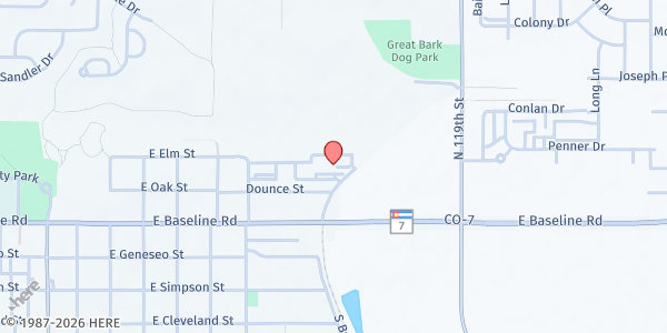 Map showing Coal Creek Meals on Wheels at 455 N. Burlington Ave., Lafayette, CO