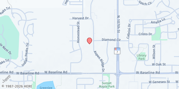 Map showing Sister Carmen Community Center at 655 Aspen Ridge Dr., Lafayette, CO