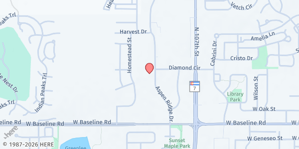 Map showing Sister Carmen Community Center Food Bank at 655 Aspen Ridge Dr, Lafayette, CO