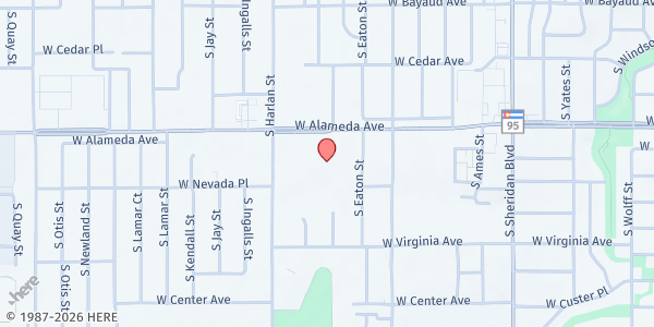 Map showing FBR Mobile Pantry - Red Rocks Church at 5810 W. Alameda Ave., Lakewood, CO