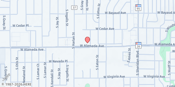 Map showing Food Bank of the Rockies Mobile Pantry - Red Rocks Church at 5800 W Alameda Ave, Lakewood, CO