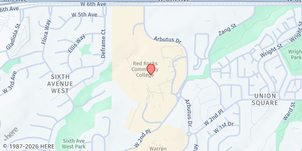 Map showing Food Bank of the Rockies Mobile Pantry - Red Rocks Community College at 13300 W 6th Ave, Lakewood, CO