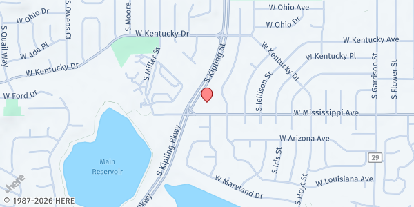 Map showing Grace Covenant Church at 10101 W Mississippi Ave, Lakewood, CO