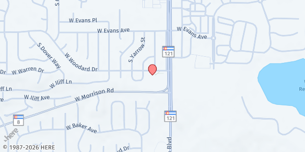 Map showing Joy's Kitchen at 7700 W Woodard Dr, Lakewood, CO