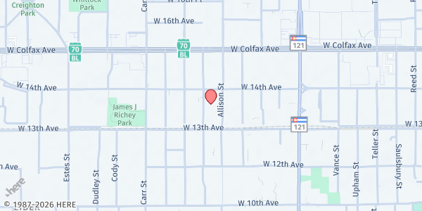 Map showing Mean Street Ministry at 1380 Ammons St, Lakewood, CO